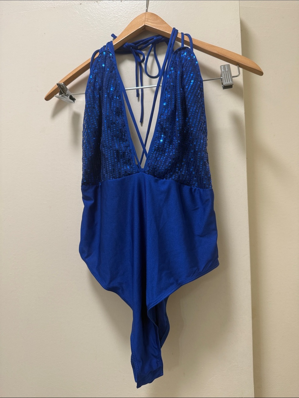 SHEIN Royal Blue Sequin Plunge Halter One-Piece